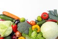 Heap of fresh ripe vegetables and fruit on white background, top view Royalty Free Stock Photo