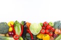 Heap of fresh ripe vegetables and fruits on white background, top view Royalty Free Stock Photo