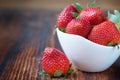 Heap of fresh strawberries in ceramic bowl