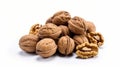 A heap of fresh walnuts isolated on a plain white background. Generative ai Royalty Free Stock Photo