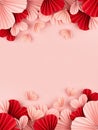 Heap gentle pink and red hearts of chinese paper fans flying on pink color as header, footer border, top view, copy space. Royalty Free Stock Photo