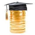 Heap of golden coins with graduation cap. Savings for education