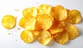 A heap of golden potato chips, closeup view of the crispy, savory snack crispy Royalty Free Stock Photo