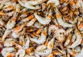 Heap of golden white shrimps prawn lobster seafood for sale in fish market