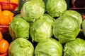 Heap of green cabbage at the market.