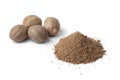 Heap of ground Nutmeg powder and seeds