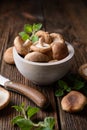 Heap of immunity boosting fresh Shiitake mushrooms in a bowl Royalty Free Stock Photo