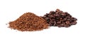 Heap of instant coffee and beans on white background