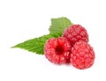 Heap of Juicy Red Ripe Raspberry with Green Leaves Royalty Free Stock Photo