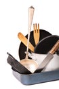 Heap of kitchen bakeware with pan and pot Royalty Free Stock Photo