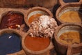 Heap of the leathers in tannery of Fez, Morocco. The tanning industry in the city is considered one of the main tourist Royalty Free Stock Photo