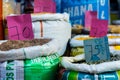 Heap of lentils in sacks at a grocery shop