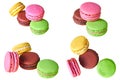 Heap of macaroons with different colors and varied taste, lemon, almond, chocolate, raspberry, strawberry and mint isolated