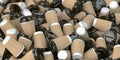 Heap of many empty paper coffee cups. Recycling of plastic waste concept