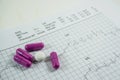 Heap of medicine pills on cardiogram grid paper. Royalty Free Stock Photo