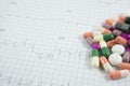 Heap of medicine pills on cardiogram grid paper. Royalty Free Stock Photo