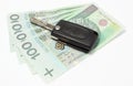 Heap of money with car key on white background Royalty Free Stock Photo