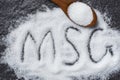 Heap of monosodium glutamate on wooden spoon and dark background - text MSG Royalty Free Stock Photo