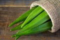 A heap of okra or Lady's fingers in a bag close up