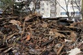 Heap of old damaged wooden boards. Dirty broken planks. Royalty Free Stock Photo