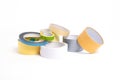 A heap of packing tape and a masking tape isolated on white background, with clipping path. adhesive tape.  many different kind of Royalty Free Stock Photo