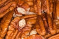 Heap of peeled pecan nuts close-up in selective focus Royalty Free Stock Photo