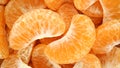 Heap of peeled tangerine segment fruit, Mandarin pieces vitamin C healthy organic fruit, Top view, Close up.