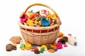 heap of pet food and treats in colorful basket