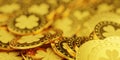Heap or pile of gold money coins background with selective focus, wealth, savings or finance concept