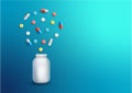 Heap of pills or tablets capsule plastic drugs bottle on a blue background. Vector realistic illustration.