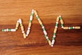 Heap of pills on wooden desk