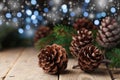 Heap of pine cones and fir tree branch on rustic wooden table. Christmas greeting card. Royalty Free Stock Photo