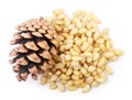 Heap of pine nuts and pine cone on white background, isolated. The view from top Royalty Free Stock Photo