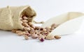 Heap of pinto beans, a sack, and a scoop isolated in the white background Royalty Free Stock Photo