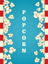Heap popcorn for movie lies on blue background.
