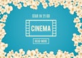 Heap popcorn for movie lies on blue background.