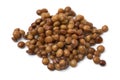 Heap of preserved steamed brown lentils close up on white background