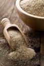 Heap of psyllium husk also called isabgol in wooden scoop and bowl on table Royalty Free Stock Photo