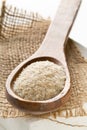 Heap of psyllium husk also called isabgol in wooden spoon on burlap Royalty Free Stock Photo