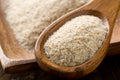 Heap of psyllium husk also called isabgol in wooden spoon and bowl on table