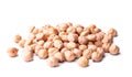 Heap of raw chickpea beans isolated on white background. Healthy vegetarian food concept. Pile of uncooked chickpeas