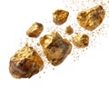 Raw natural gold nuggets and dust particles floating isolated on white background Royalty Free Stock Photo