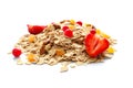 Heap of raw oatmeal with walnuts and berries on white background Royalty Free Stock Photo
