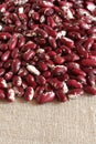 Heap of raw red with white speckled kidney beans on rough linen cloth Royalty Free Stock Photo