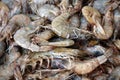 Heap of raw shrimps from the mediterranean sea for sale at a Greek fish market on the stall of a fisherman, full frame background