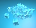 Heap of realistic ice cubes isolated on blue background. Close up view. Royalty Free Stock Photo