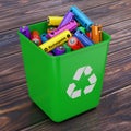 Heap of Rechargeable Batteries in Green Bucket with Recycle Sign