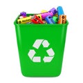 Heap of Rechargeable Batteries in Green Bucket with Recycle Sign