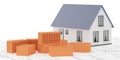 Heap of red brick stones miniature house model on architectural building construction drawing plans over white background, Royalty Free Stock Photo