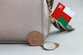 Heap of Rial Omani coin money and mini Oman flag with the leather wallet on grey background